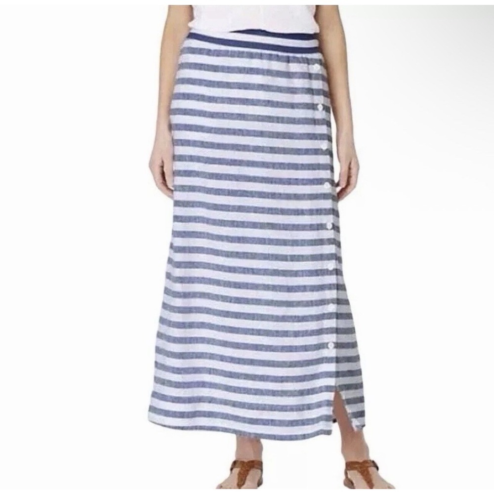 J Jill Love Linen M Pet Seaside Skirt Blue White Stripe Button Pull On Pockets